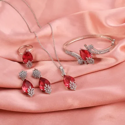 Gleaming Garnet Bracelet Ring Pendant Combo Set and Earrings with Adjustable