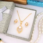 Gold Plated Pearl Pendant Set with Chain and Earrings - Image 3